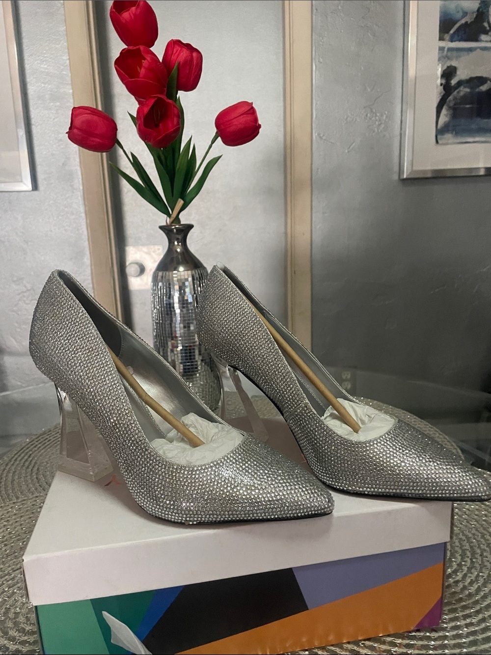 VERY HTF Katy Perry Collections Silver Embellished Pointed Toe Pumps size 9.5 - Picture 2 of 8